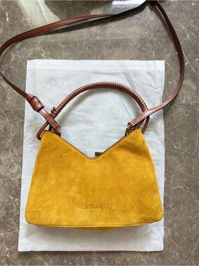 STAUD yellow suede shoulder bag with brown leather strap